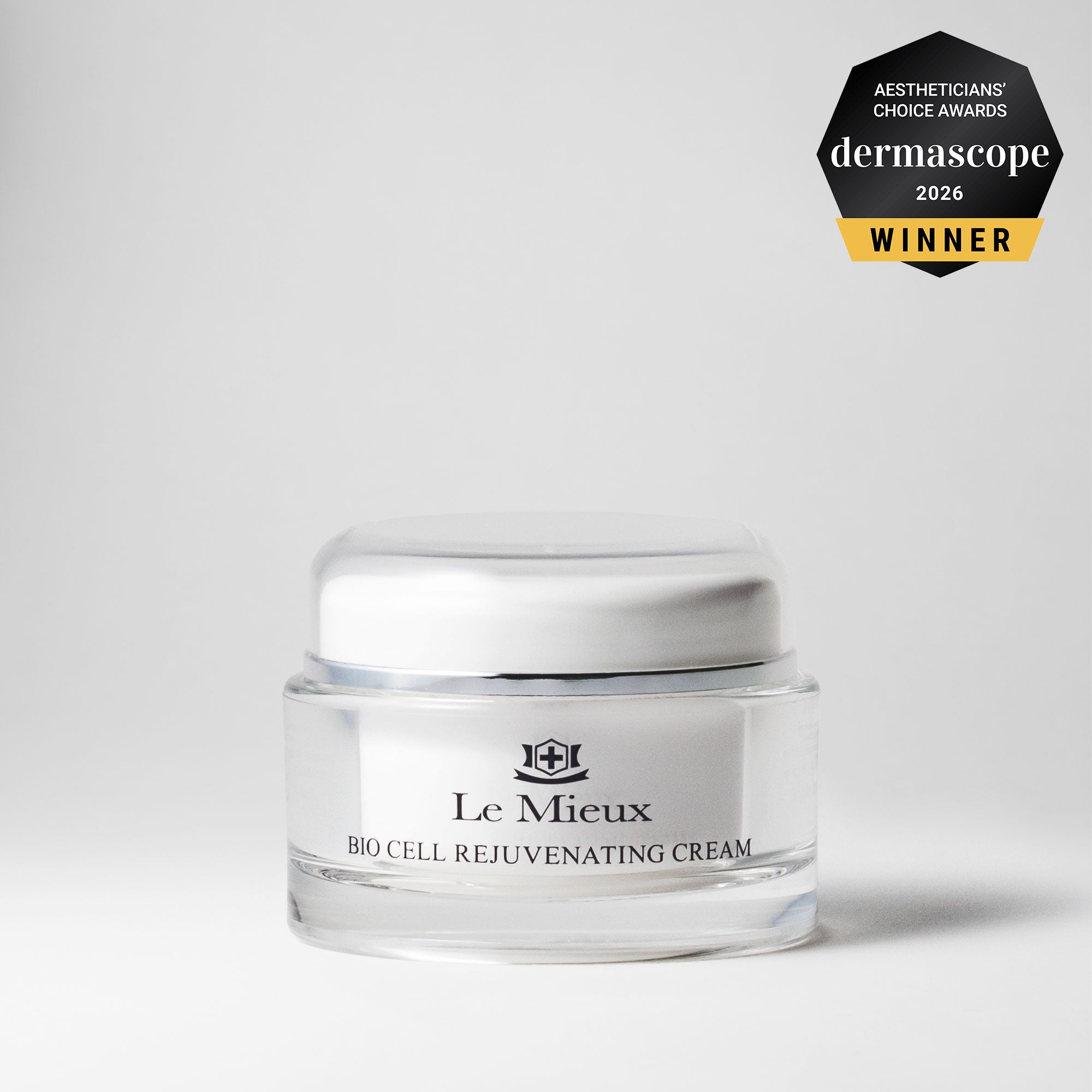 Le Mieux Bio Cell Rejuvenating Cream jar with Dermascope 2026 Winner badge on a white background