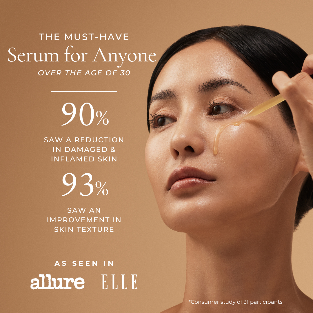 Woman applying serum to her face with text about product benefits on a brown background