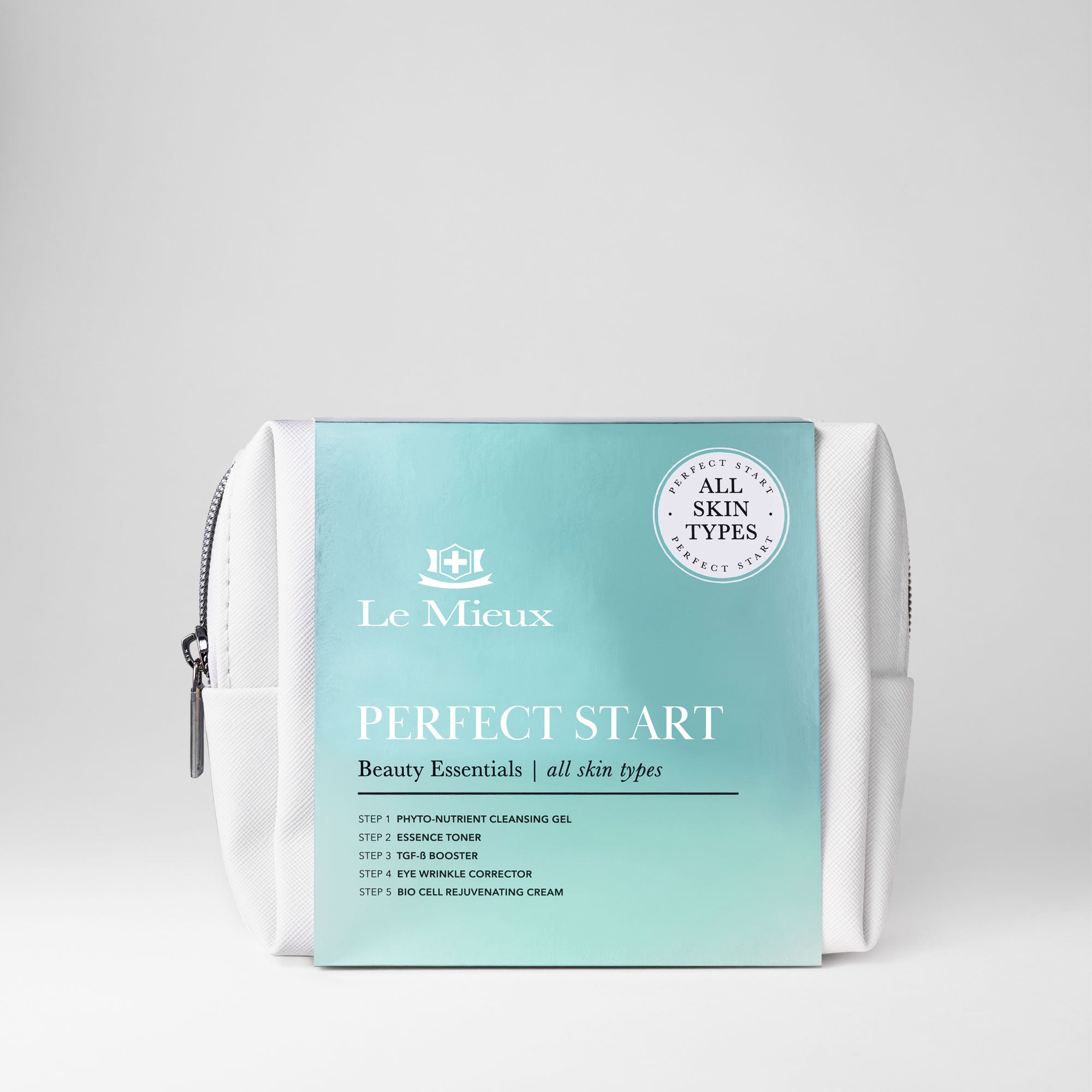 White bag with silver zipper and green sleeve that says Perfect Start Beauty Essentials with Le Mieux logo in front of a light gray background.